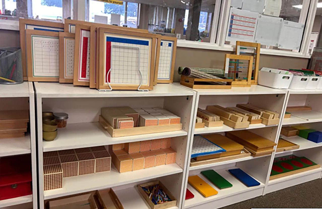 Montessori classroom shelves with hands-on learning materials