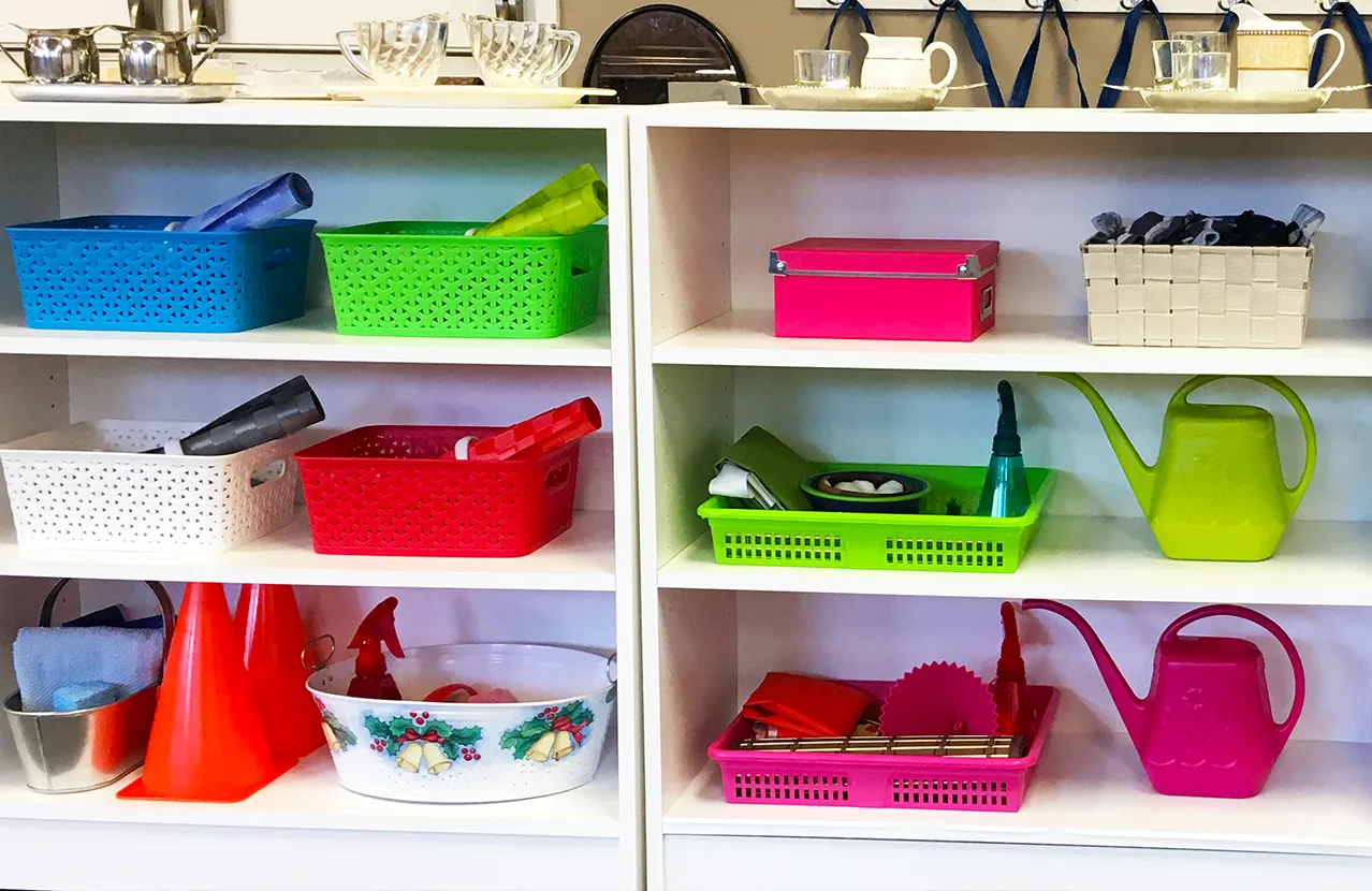 Colourful practical life materials in the Montessori classroom